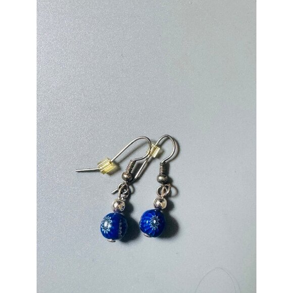 Vintage Venetian Glass Cobalt Blue Millefiori Ball Silver Earrings - Picture 1 of 2